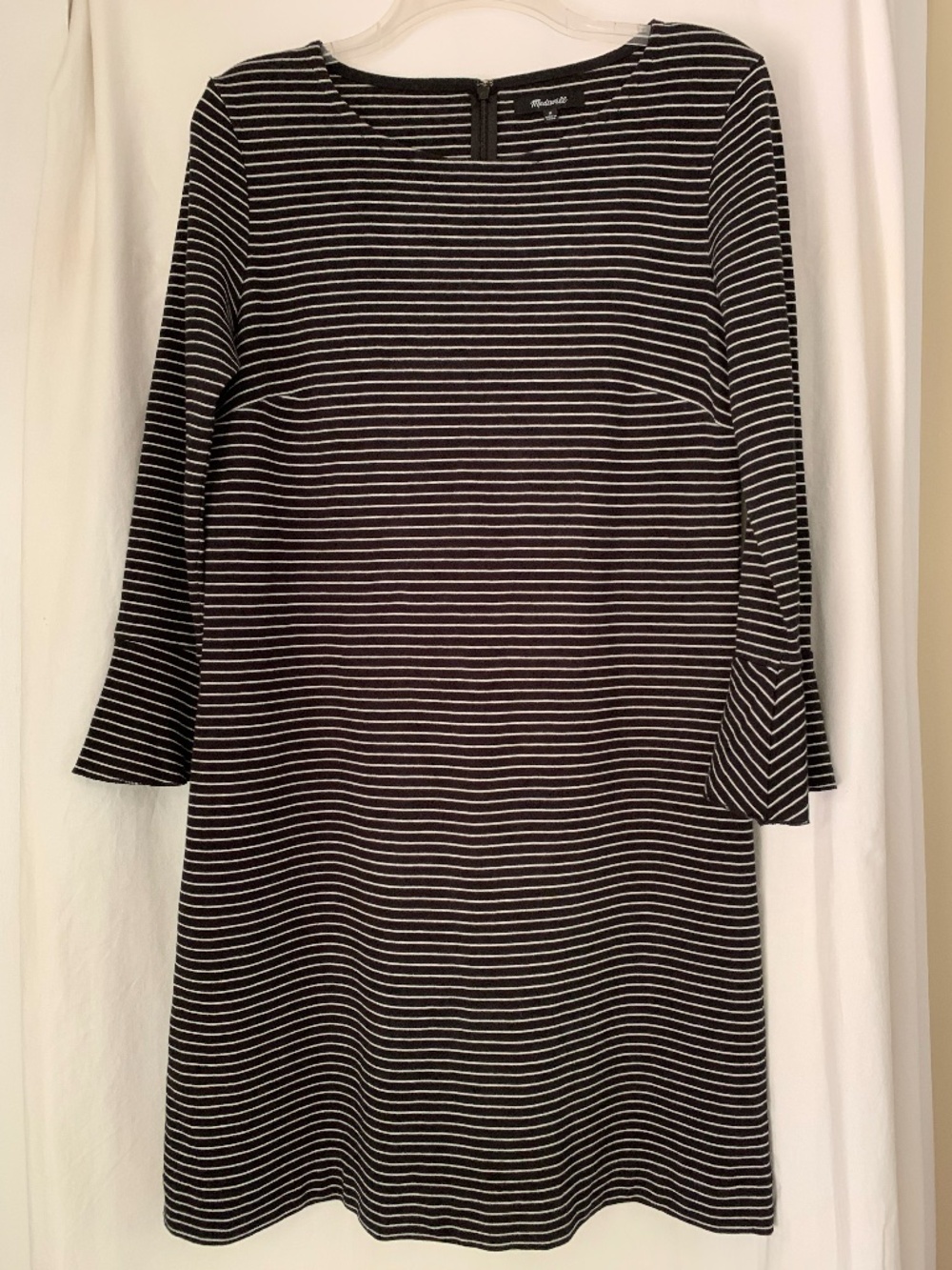 Madewell black & white stripe jersey knit dress with bell sleeves